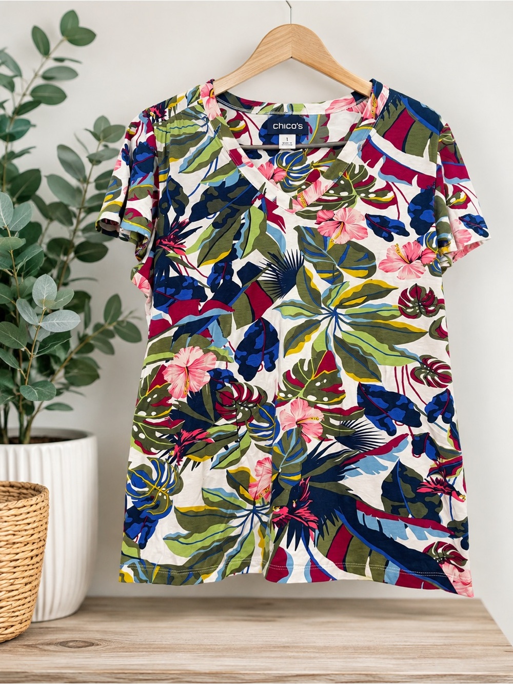 Chico's White Tropical Floral V‑Neck Tee with Pink, Green & Blue Accents